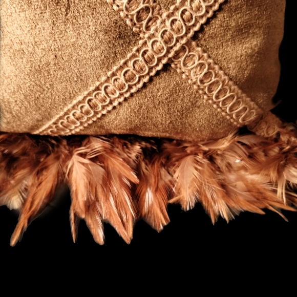 Golden Velvet Accent Throw Pillow with Feathered Border - Braided Diamond Design - Picture 2 of 4